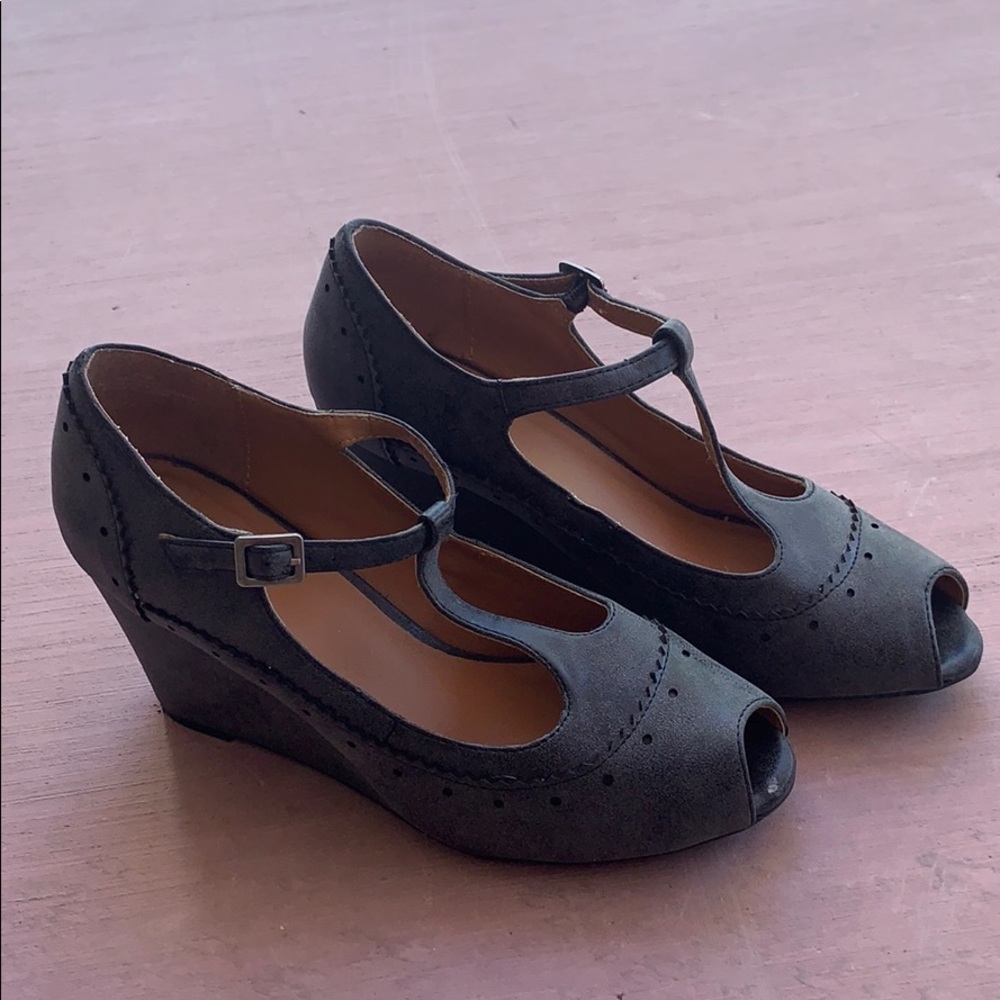 T-strap peep toe wedges